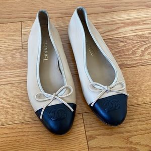 CHANEL - Beige/Black Flats - Size 37.5